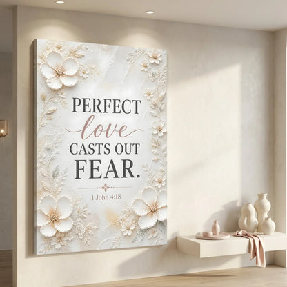 Decorative wall art with floral design and inspirational quote in a home setting. Love Casts Out Fear – 1 John 4:18