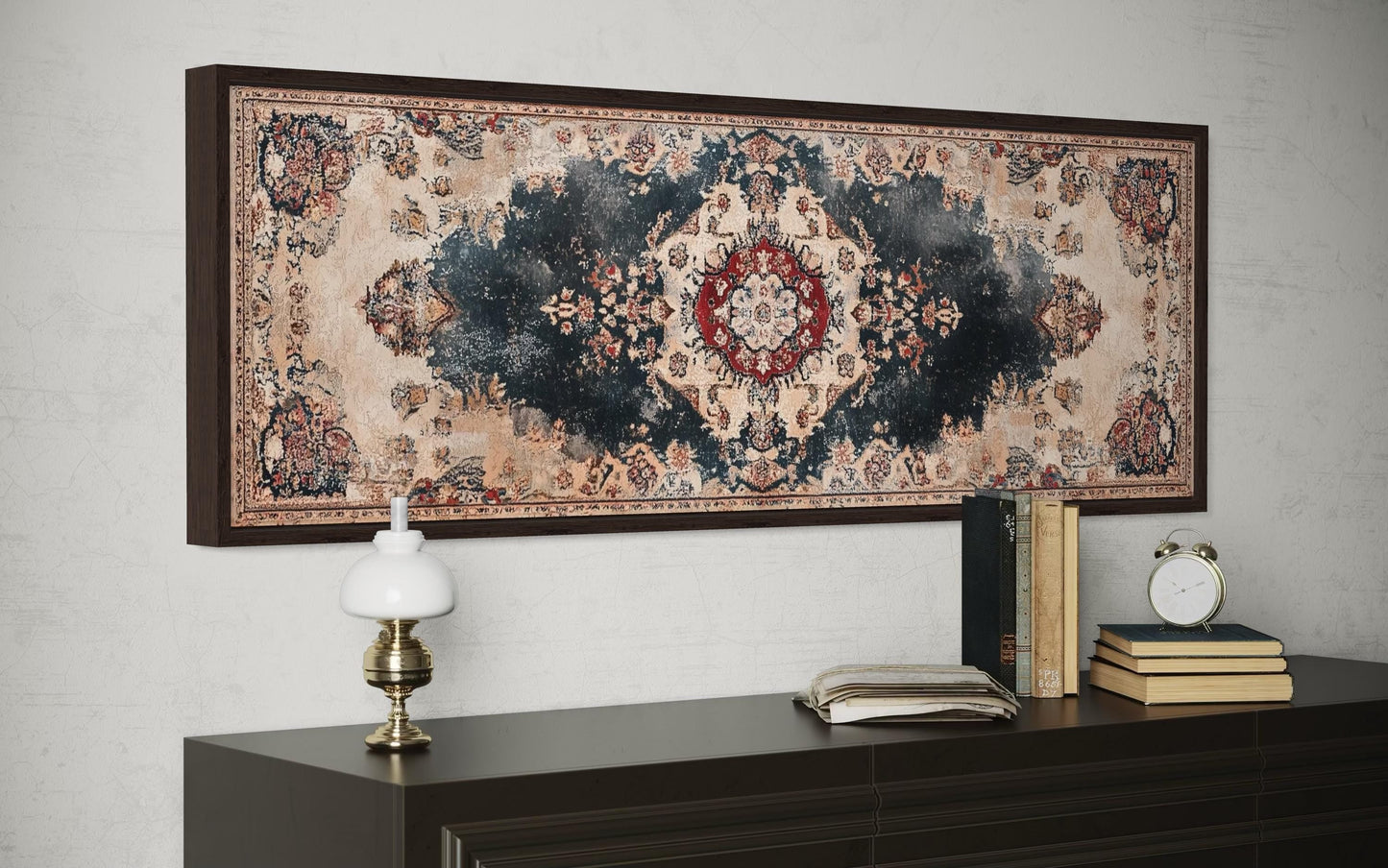 Persian Carpet Red Navy Beige Long Horizontal Canvas Wall Art