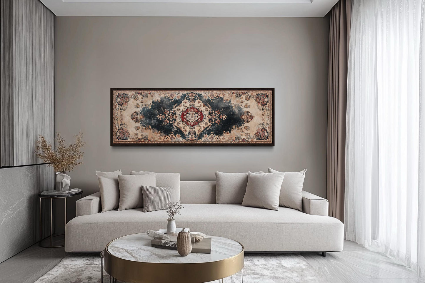 Persian Carpet Red Navy Beige Long Horizontal Canvas Wall Art