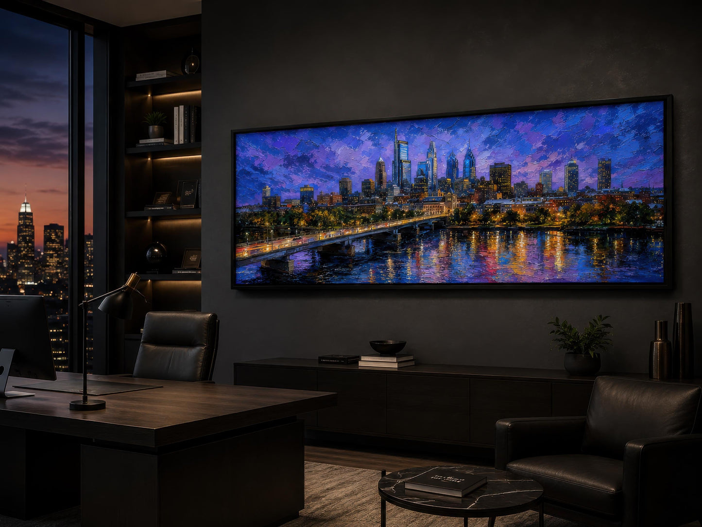 Philadelphia Skyline Wall Art - Long Horizontal Canvas Cityscape Print with Floating Frame