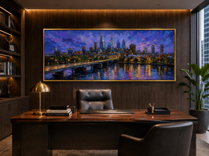Philadelphia Skyline Wall Art - Long Horizontal Canvas Cityscape Print with Floating Frame