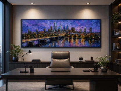 Philadelphia Skyline Wall Art - Long Horizontal Canvas Cityscape Print with Floating Frame