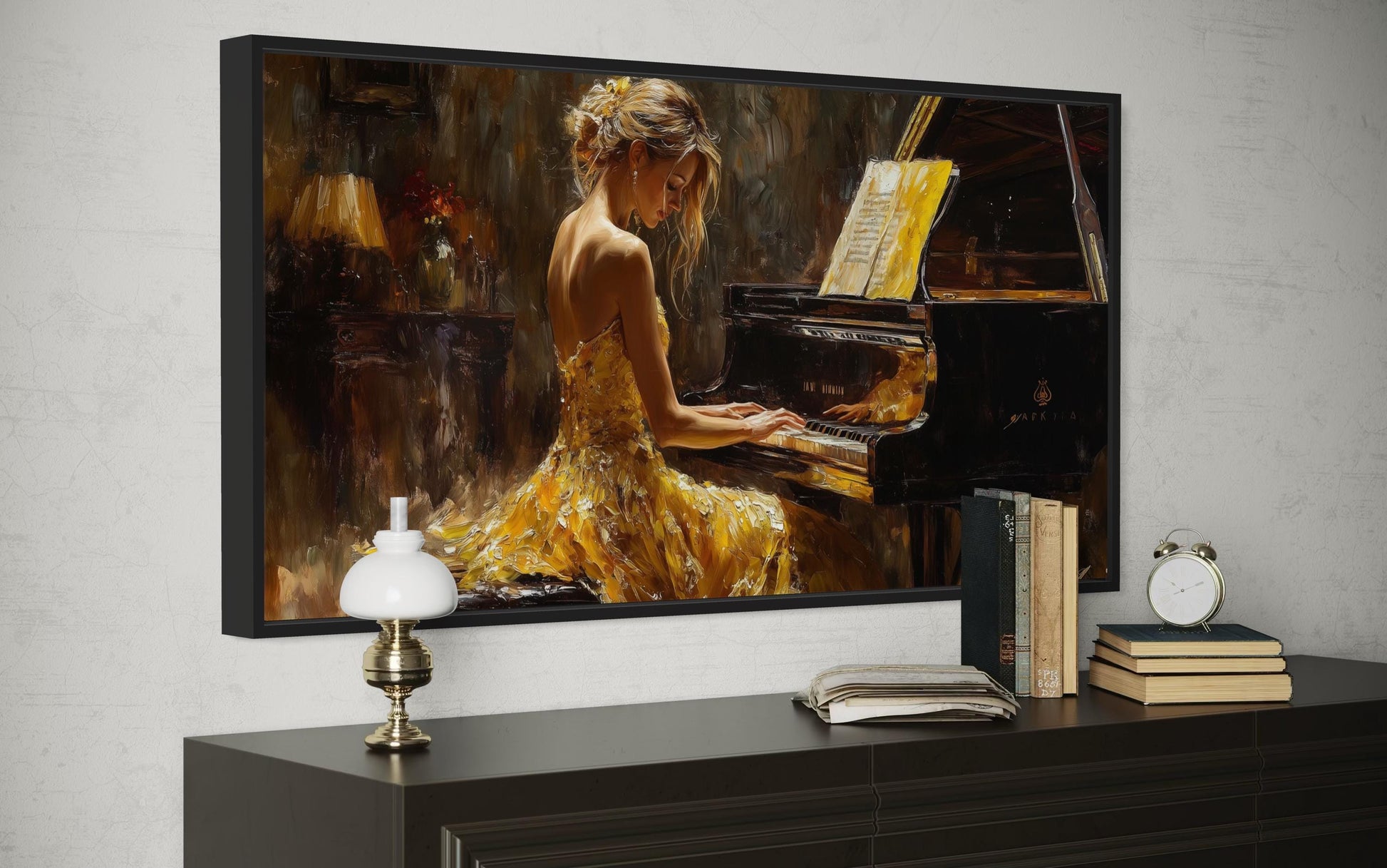 Piano Player In Yellow Dress Music Canvas Wall Art