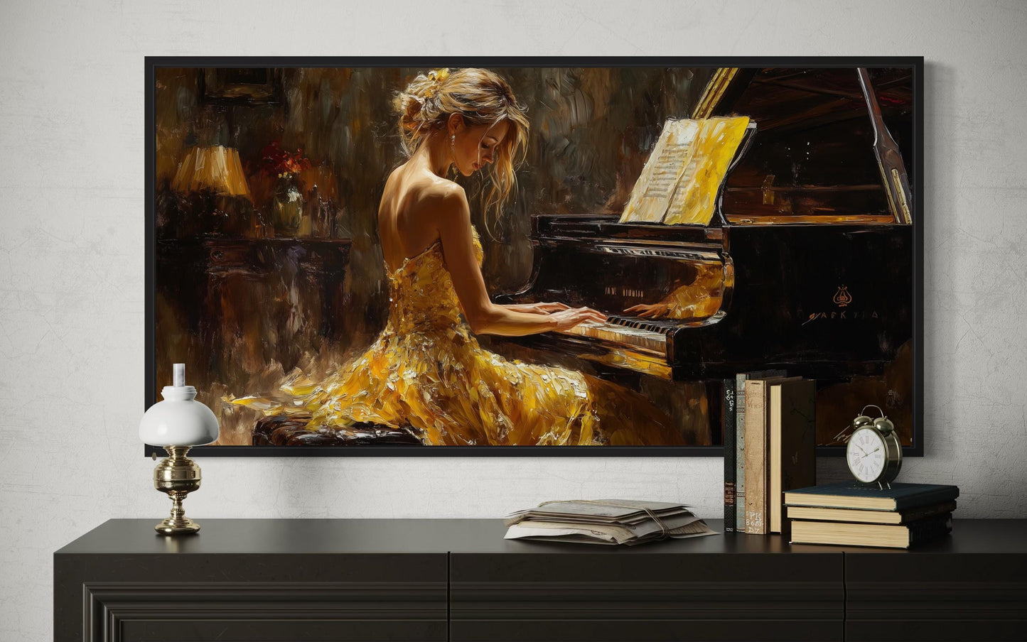 Piano Player In Yellow Dress Music Canvas Wall Art