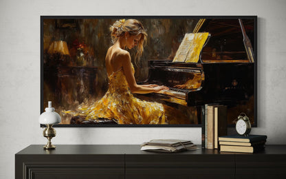 Piano Player In Yellow Dress Music Canvas Wall Art