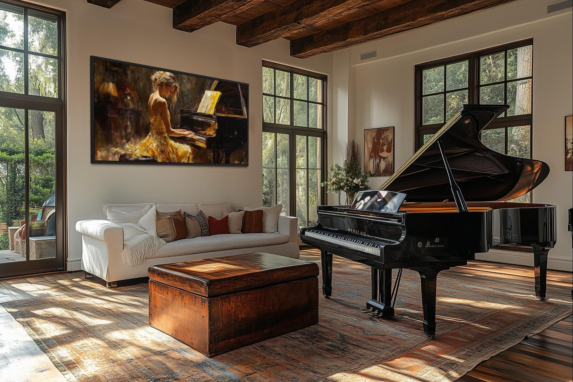 Piano Player In Yellow Dress Music Canvas Wall Art