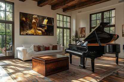 Piano Player In Yellow Dress Music Canvas Wall Art