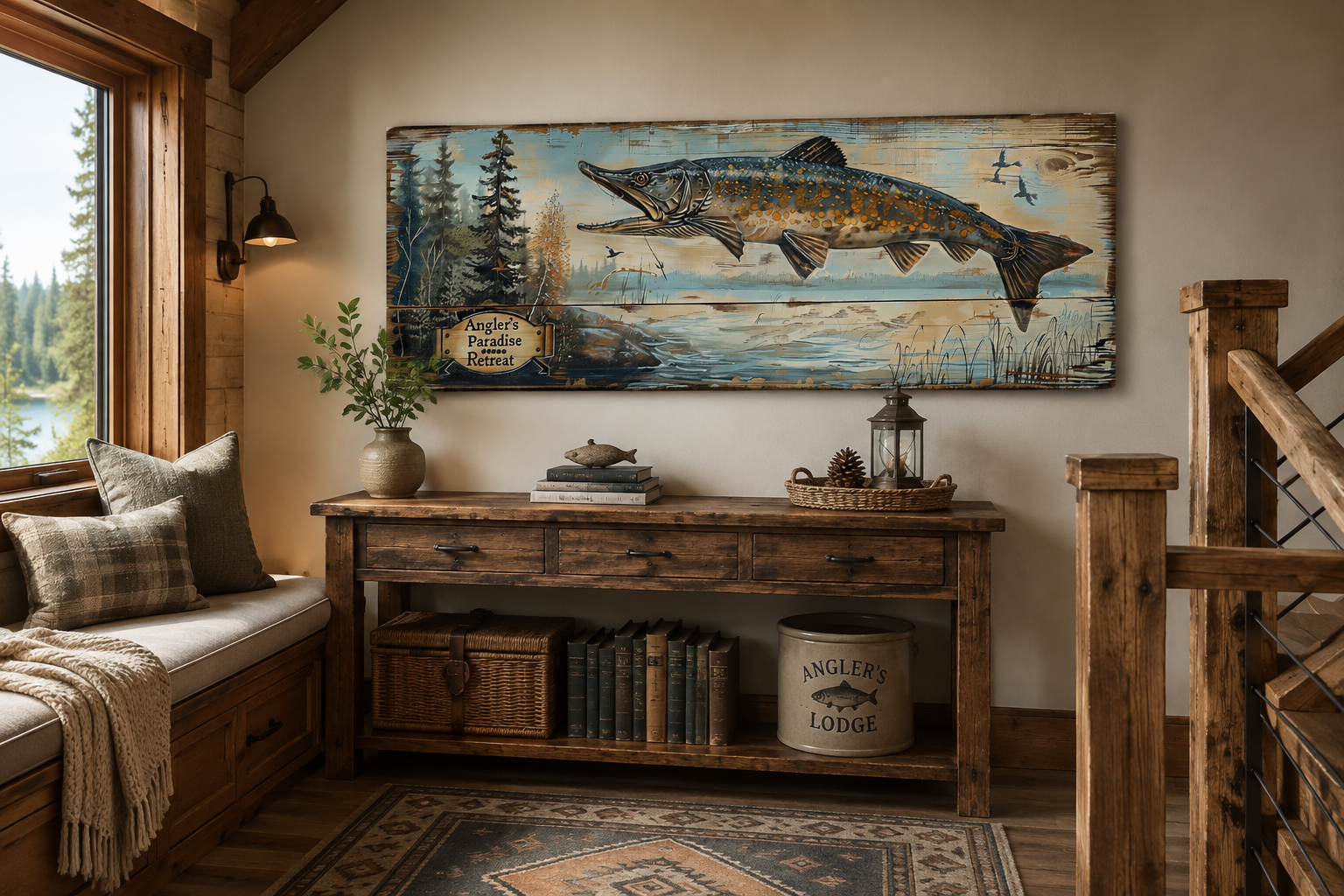 Pike Fish Wall Art - Angler's Paradise Retreat Fishing Sign Framed Cabin Wall Art