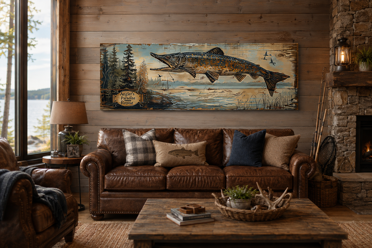 Pike Fish Wall Art - Angler's Paradise Retreat Fishing Sign Framed Cabin Wall Art