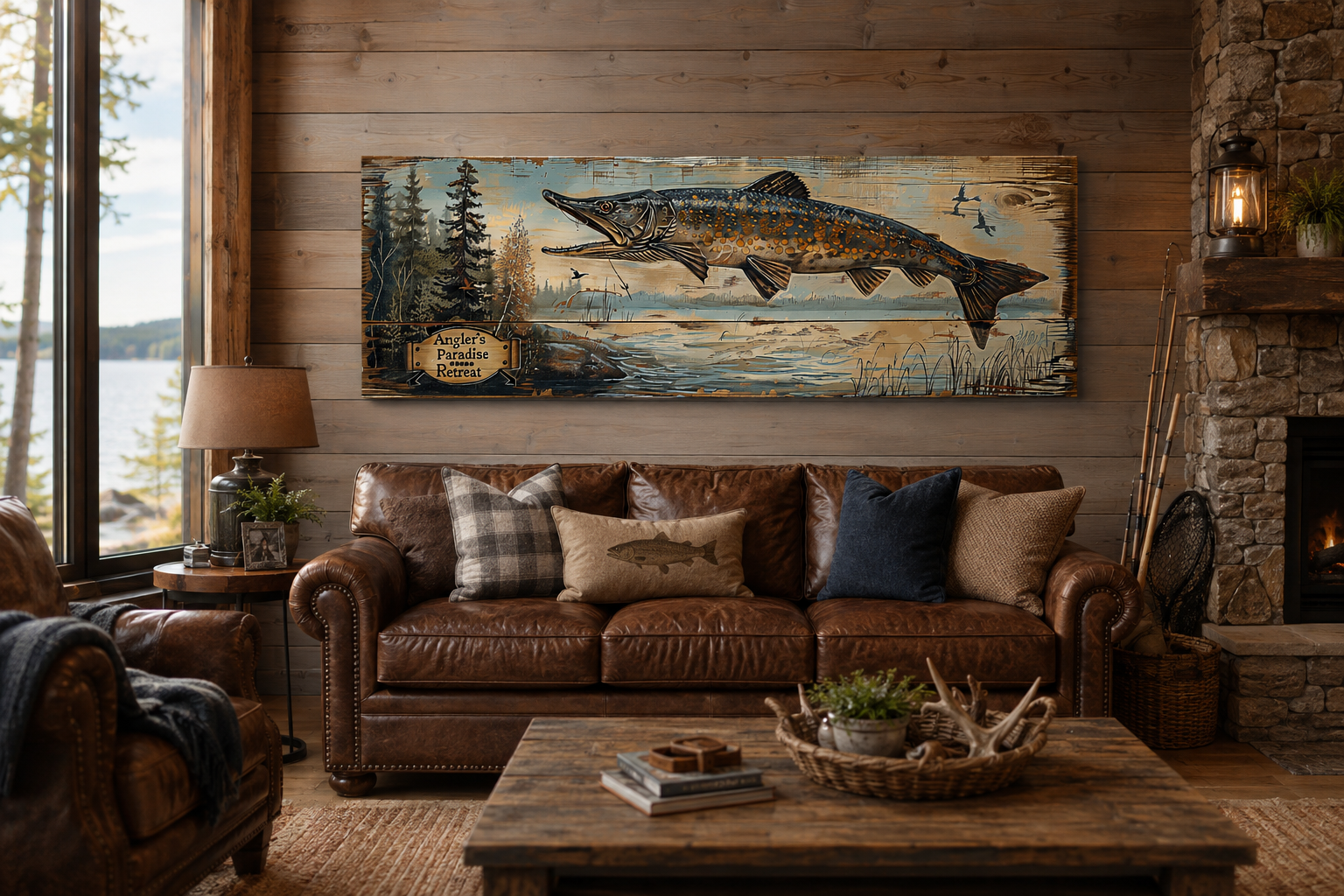 Pike Fish Wall Art - Angler's Paradise Retreat Fishing Sign Framed Cabin Wall Art