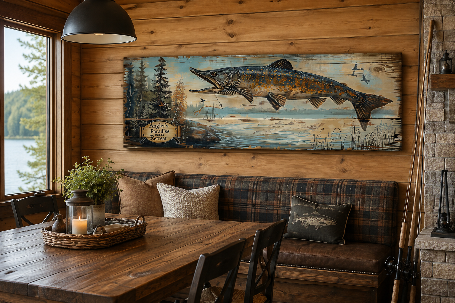 Pike Fish Wall Art - Angler's Paradise Retreat Fishing Sign Framed Cabin Wall Art