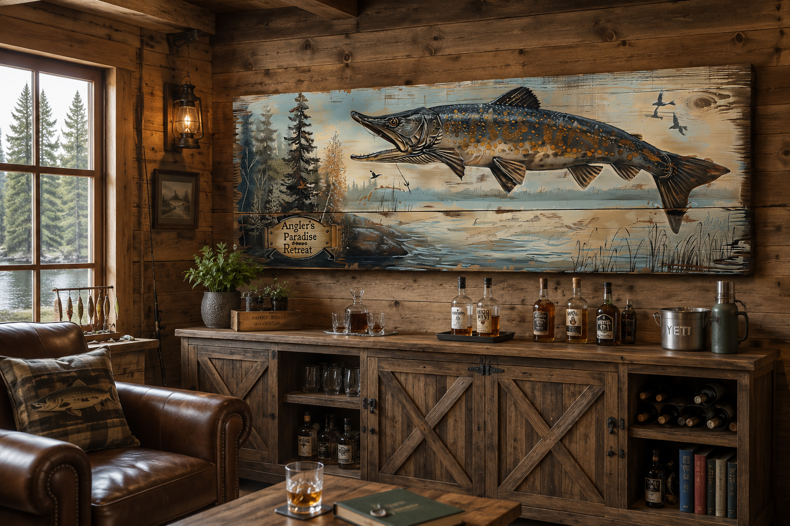 Pike Fish Wall Art - Angler's Paradise Retreat Fishing Sign Framed Cabin Wall Art