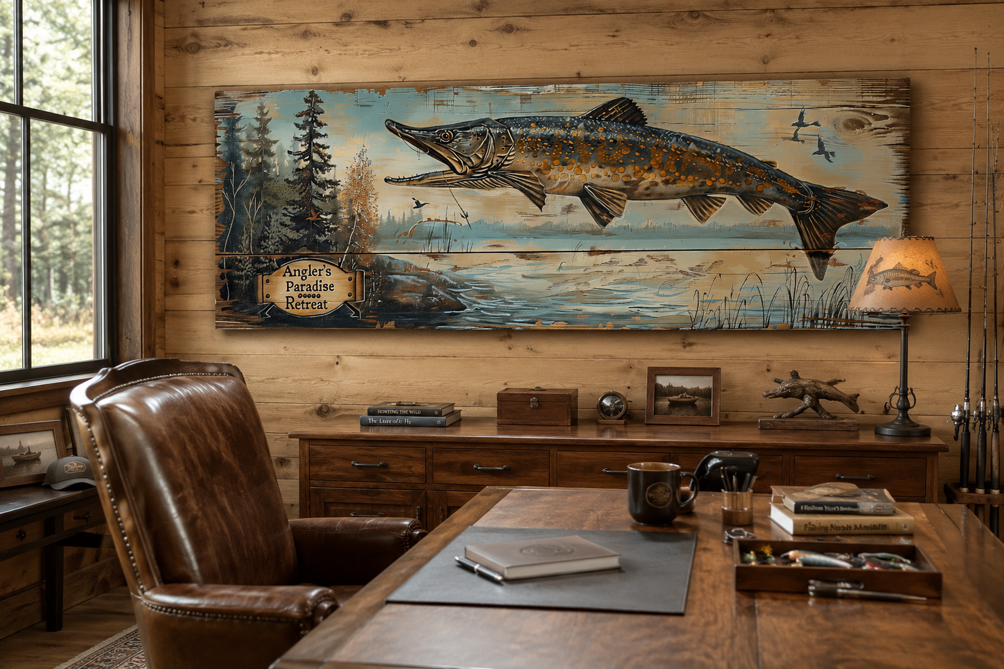 Pike Fish Wall Art - Angler's Paradise Retreat Fishing Sign Framed Cabin Wall Art
