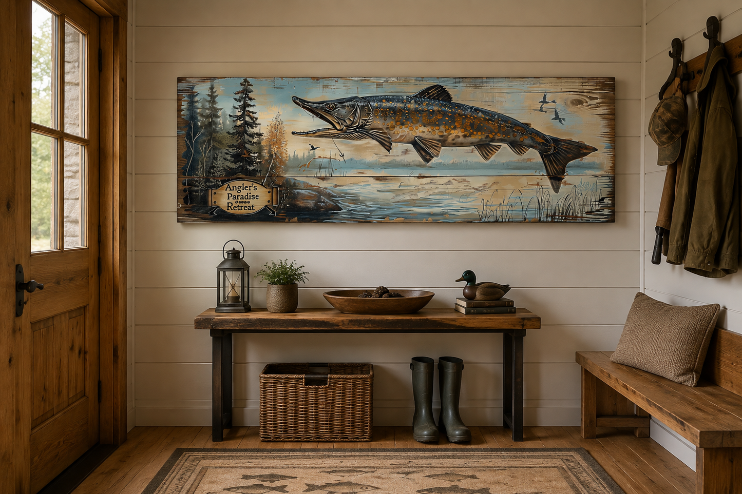 Pike Fish Wall Art - Angler's Paradise Retreat Fishing Sign Framed Cabin Wall Art