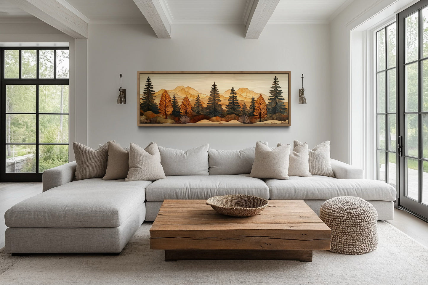 Pine Forest Wood Mosaic Painting Long Horizontal Cabin Wall Art For Above Bed Or Couch