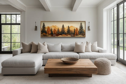 Pine Forest Wood Mosaic Painting Long Horizontal Cabin Wall Art For Above Bed Or Couch