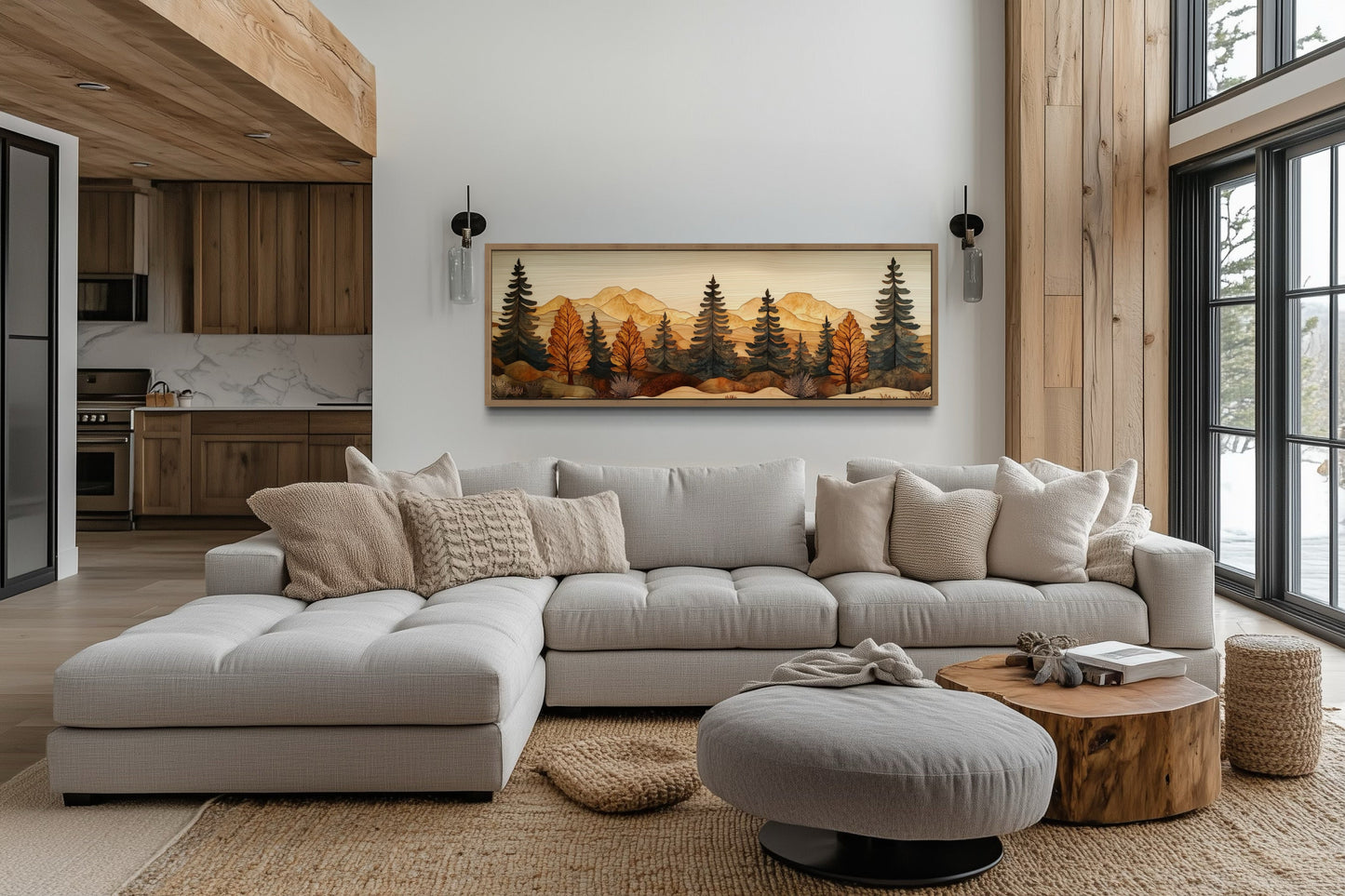 Pine Forest Wood Mosaic Painting Long Horizontal Cabin Wall Art For Above Bed Or Couch
