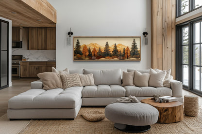 Pine Forest Wood Mosaic Painting Long Horizontal Cabin Wall Art For Above Bed Or Couch