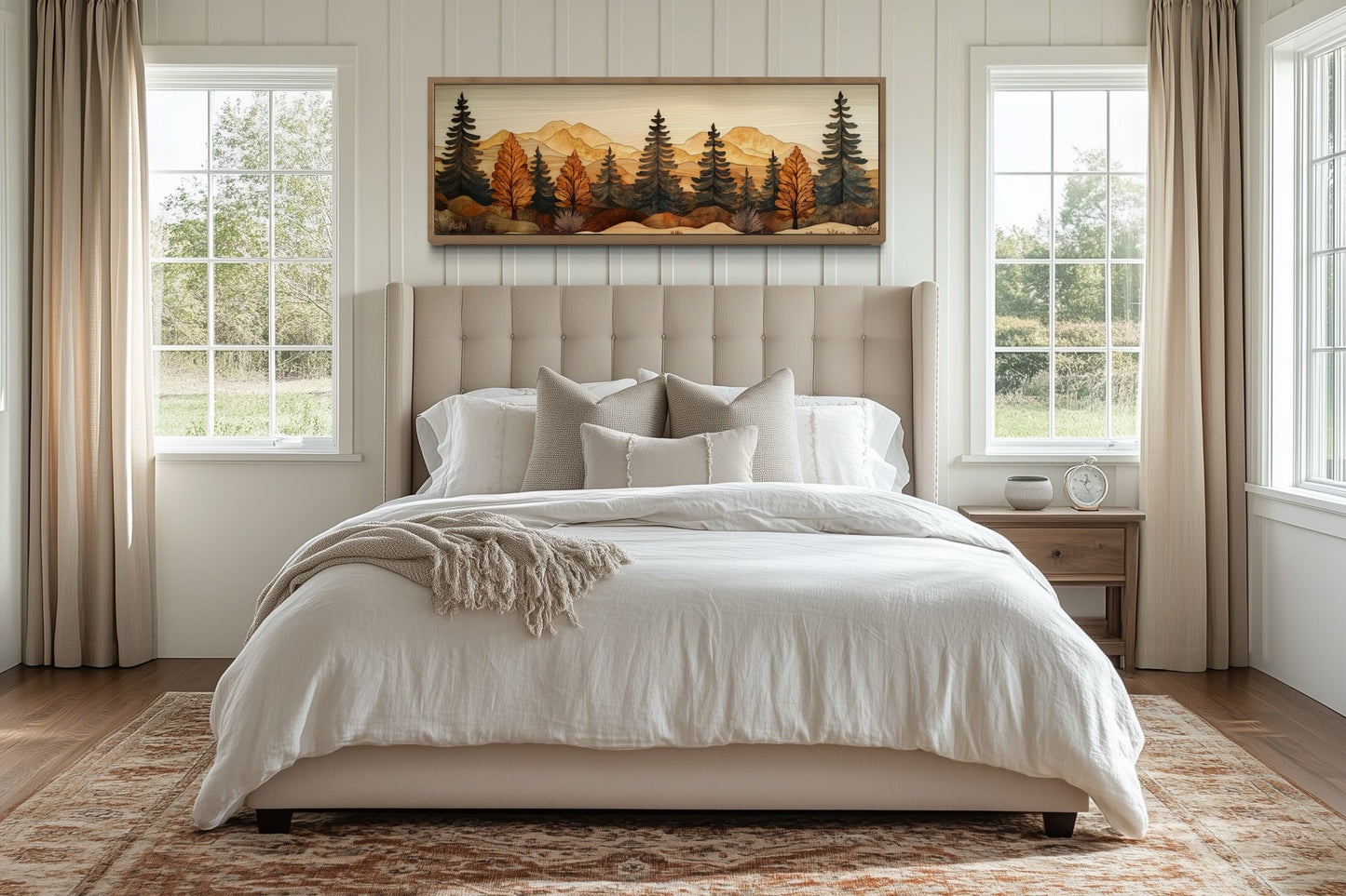 Pine Forest Wood Mosaic Painting Long Horizontal Cabin Wall Art For Above Bed Or Couch