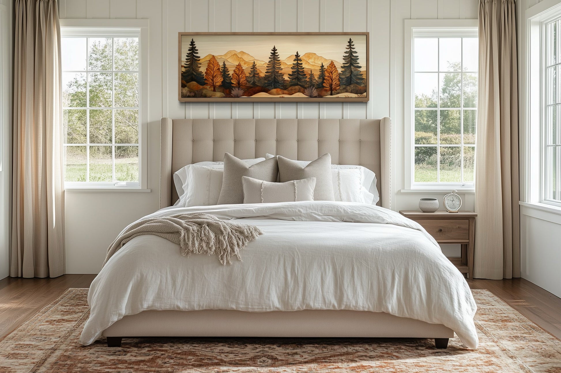 Pine Forest Wood Mosaic Painting Long Horizontal Cabin Wall Art For Above Bed Or Couch