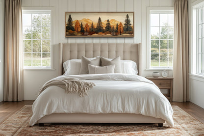 Pine Forest Wood Mosaic Painting Long Horizontal Cabin Wall Art For Above Bed Or Couch
