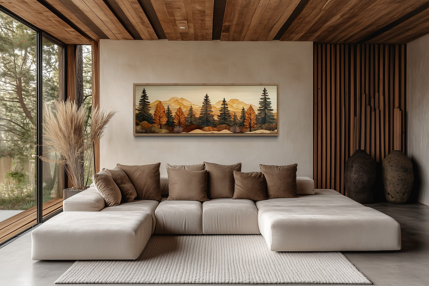 Pine Forest Wood Mosaic Painting Long Horizontal Cabin Wall Art For Above Bed Or Couch
