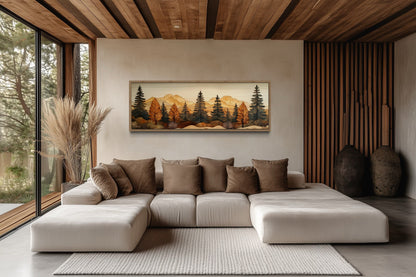 Pine Forest Wood Mosaic Painting Long Horizontal Cabin Wall Art For Above Bed Or Couch