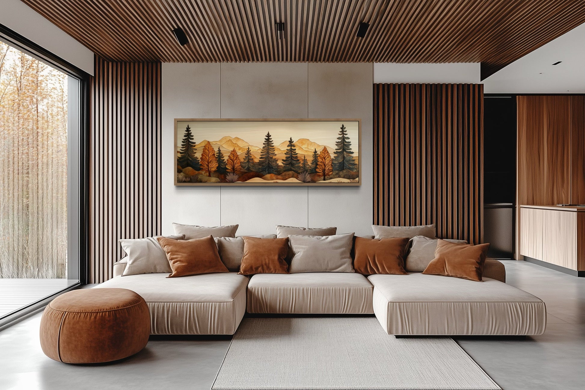 Pine Forest Wood Mosaic Painting Long Horizontal Cabin Wall Art For Above Bed Or Couch
