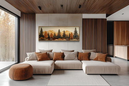 Pine Forest Wood Mosaic Painting Long Horizontal Cabin Wall Art For Above Bed Or Couch