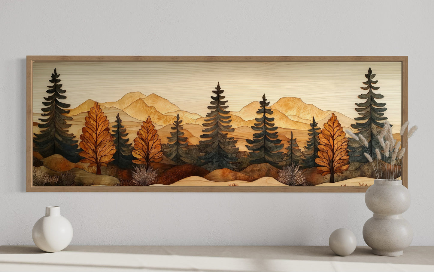 Pine Forest Wood Mosaic Painting Long Horizontal Cabin Wall Art For Above Bed Or Couch