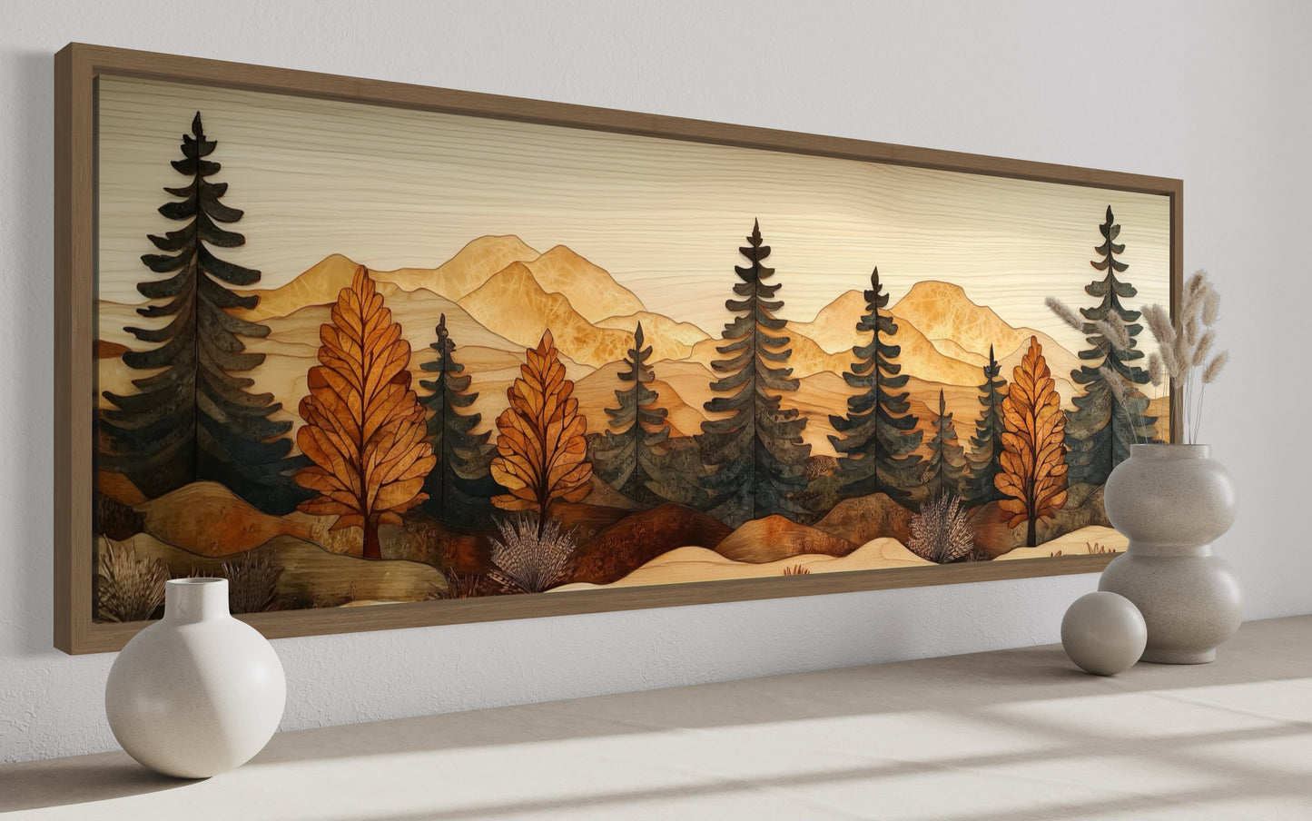 Pine Forest Wood Mosaic Painting Long Horizontal Cabin Wall Art For Above Bed Or Couch