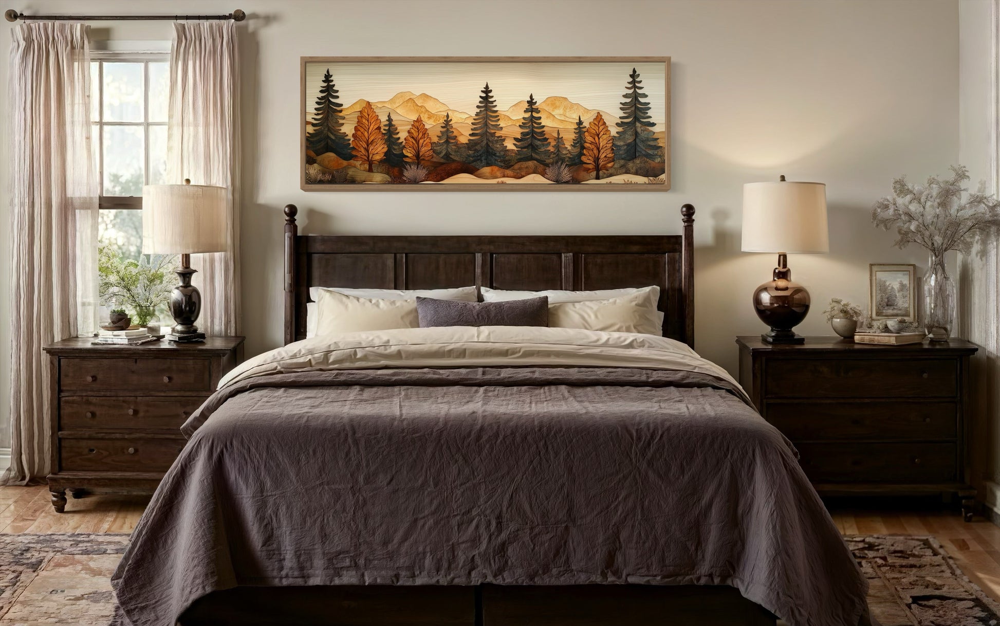Pine Forest Wood Mosaic Painting Long Horizontal Cabin Wall Art For Above Bed Or Couch