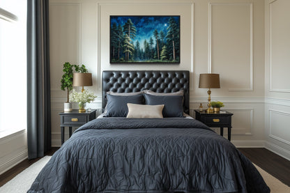 Pine Tree Forest At Night Starry Sky Framed Canvas Wall Art