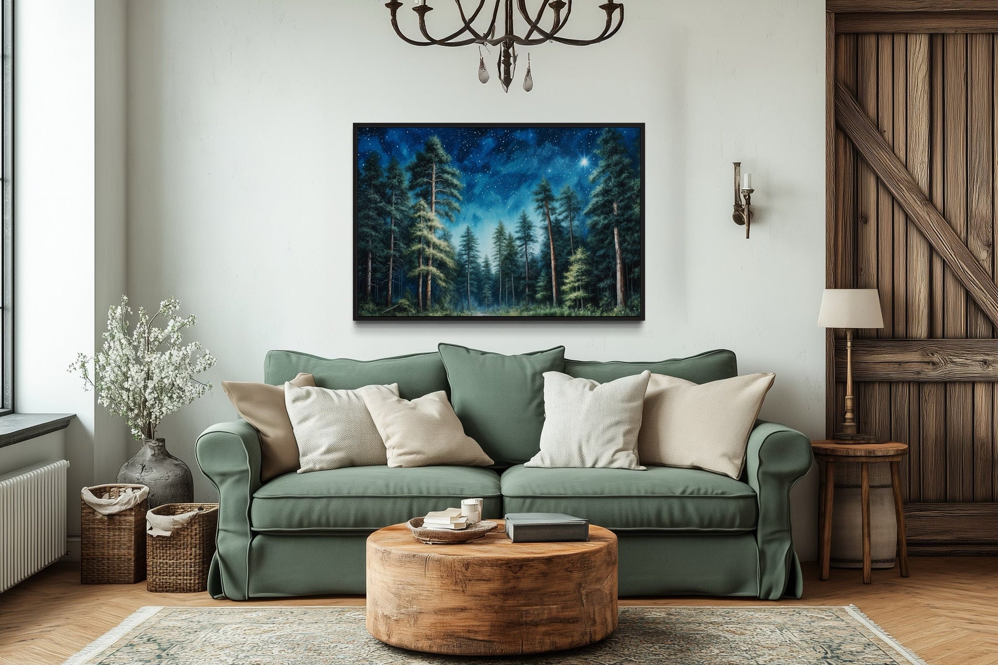 Pine Tree Forest At Night Starry Sky Framed Canvas Wall Art