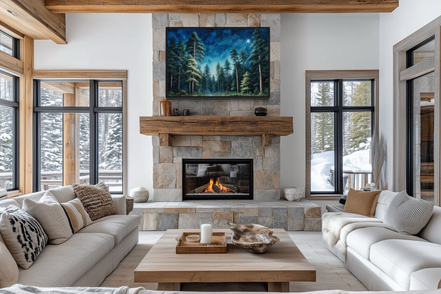 Pine Tree Forest At Night Starry Sky Framed Canvas Wall Art