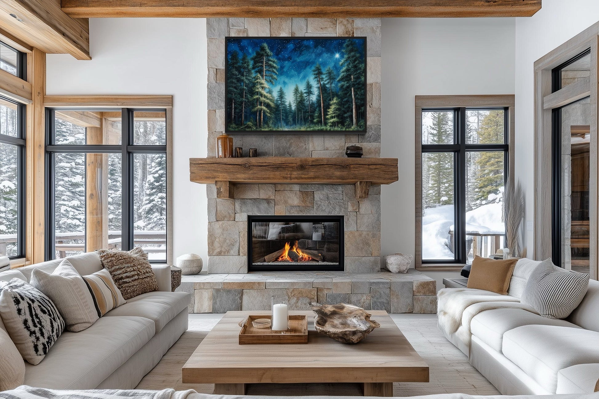 Pine Tree Forest At Night Starry Sky Framed Canvas Wall Art