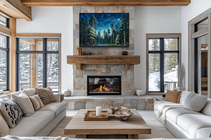 Pine Tree Forest At Night Starry Sky Framed Canvas Wall Art