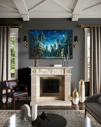 Pine Tree Forest At Night Starry Sky Framed Canvas Wall Art