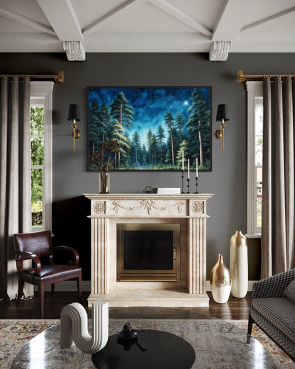 Pine Tree Forest At Night Starry Sky Framed Canvas Wall Art
