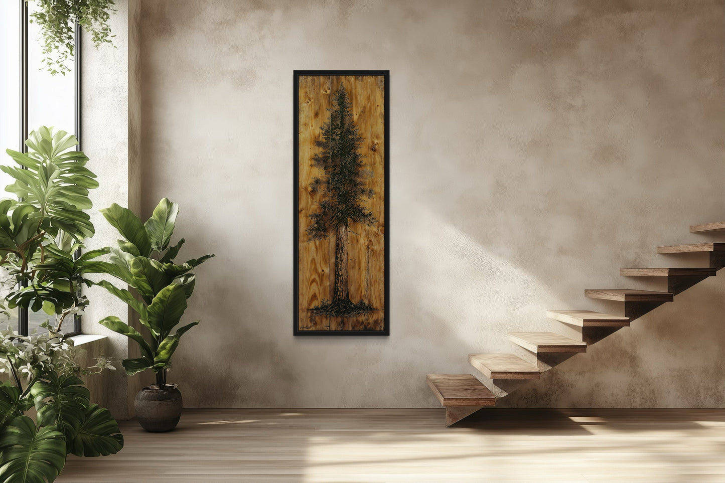 Pine Tree Painted On Wood Slice Cabin Vertical Framed Canvas Wall Art