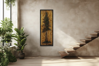 Pine Tree Painted On Wood Slice Cabin Vertical Framed Canvas Wall Art