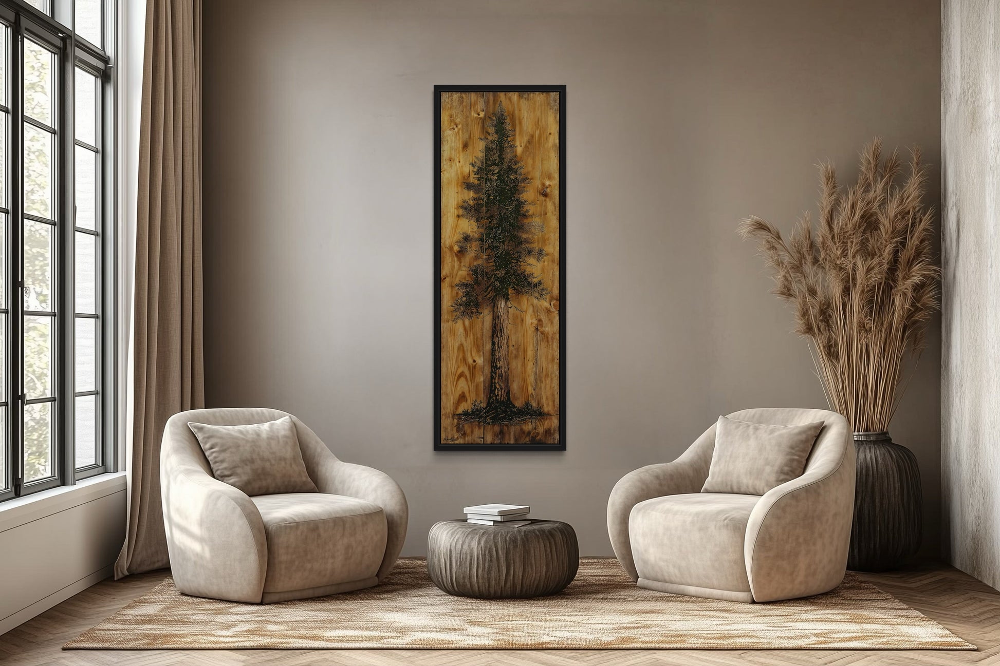 Pine Tree Painted On Wood Slice Cabin Vertical Framed Canvas Wall Art