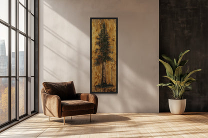Pine Tree Painted On Wood Slice Cabin Vertical Framed Canvas Wall Art