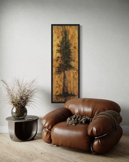 Pine Tree Painted On Wood Slice Cabin Vertical Framed Canvas Wall Art