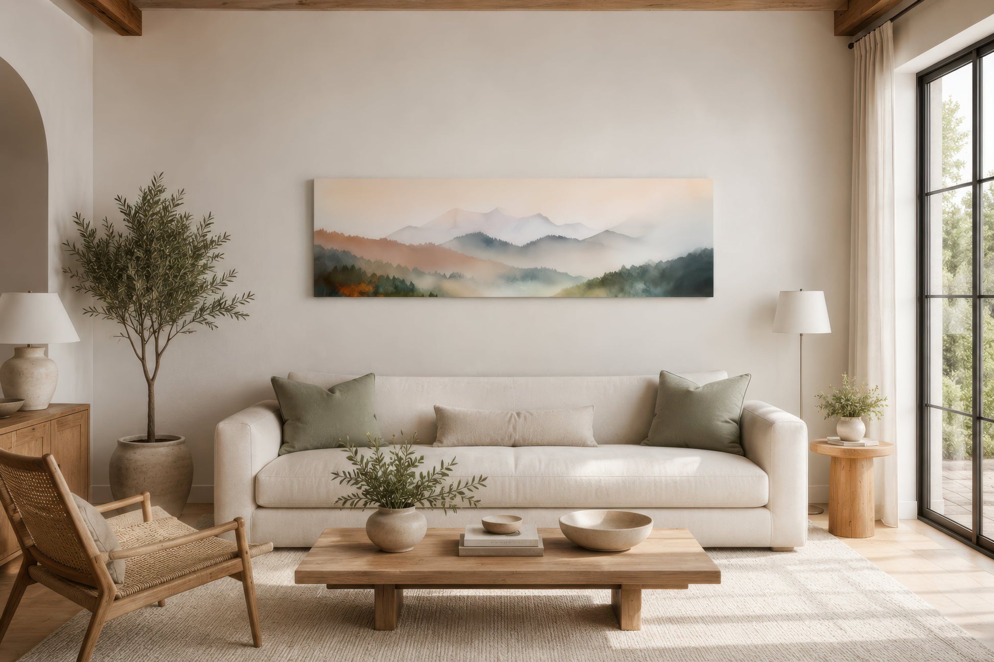 Pink And Green Pastel Mountain Landscape Above Bed Wall Art
