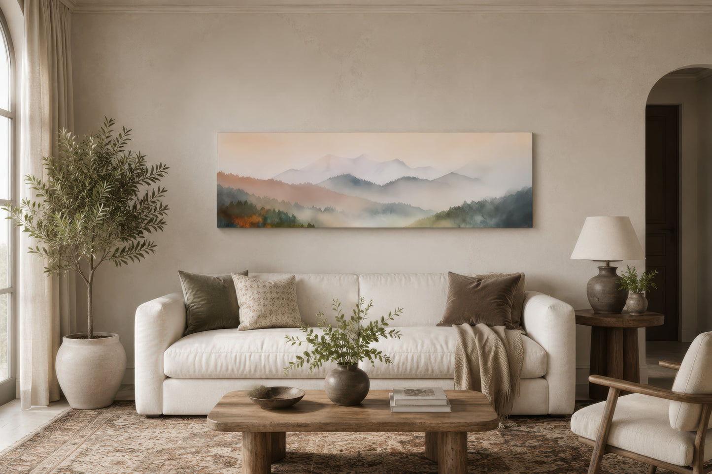 Pink And Green Pastel Mountain Landscape Above Bed Wall Art