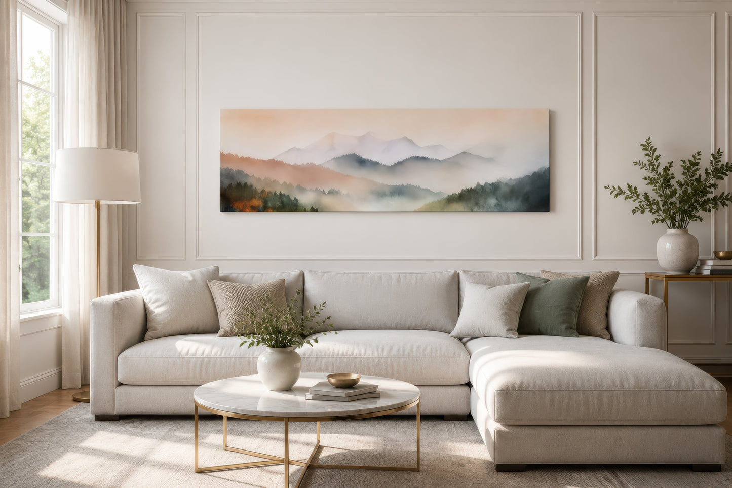 Pink And Green Pastel Mountain Landscape Above Bed Wall Art