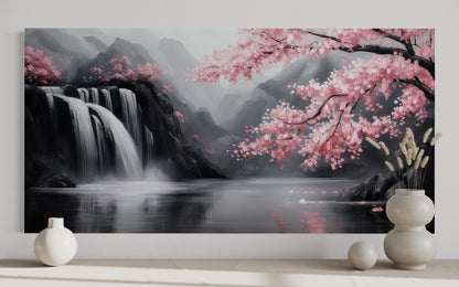 Pink Cherry Blossom And Grey Waterfall Framed Canvas Wall Art