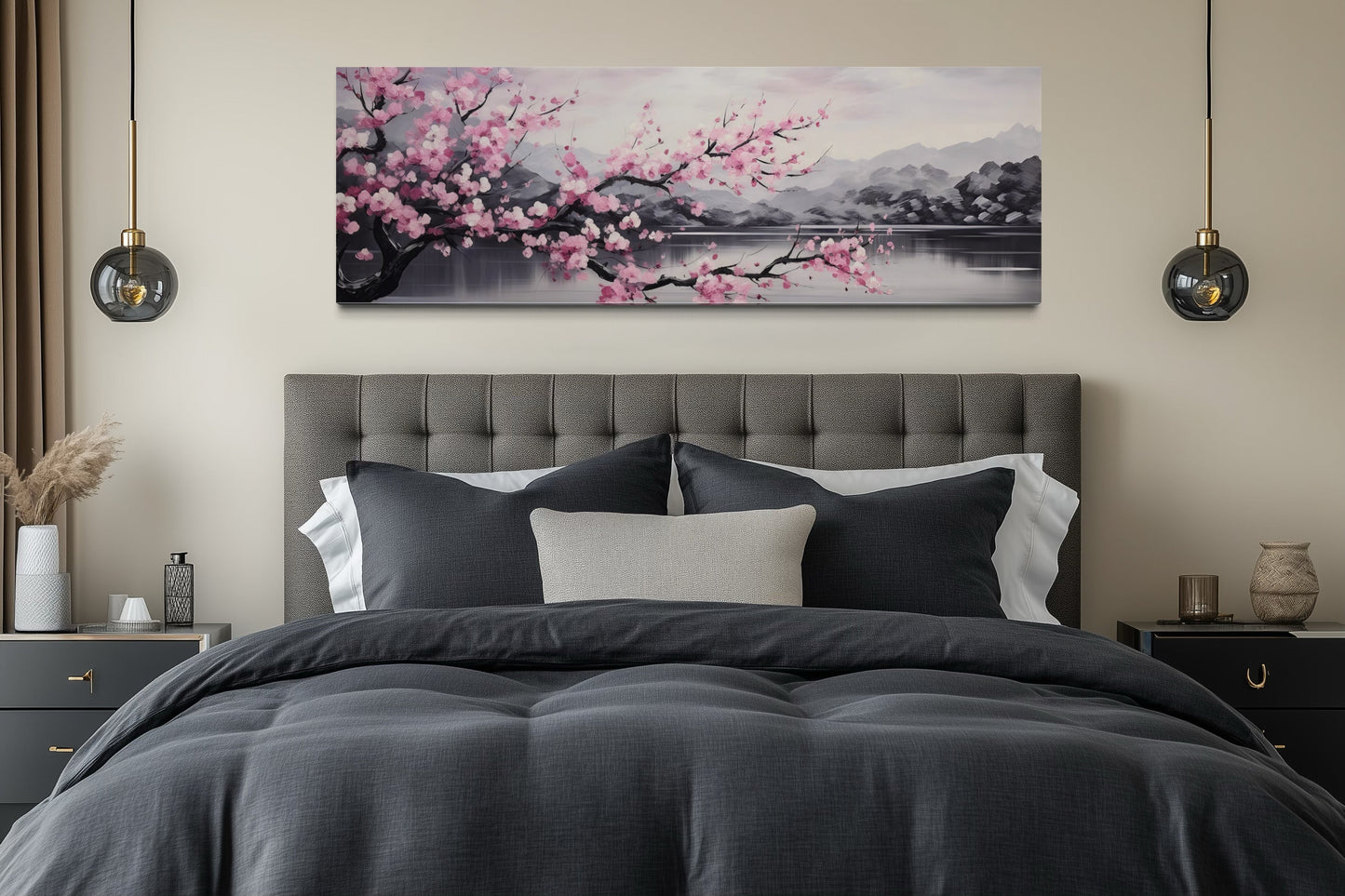 Pink Cherry Blossom On Japanese Landscape Long Horizontal Wall Art