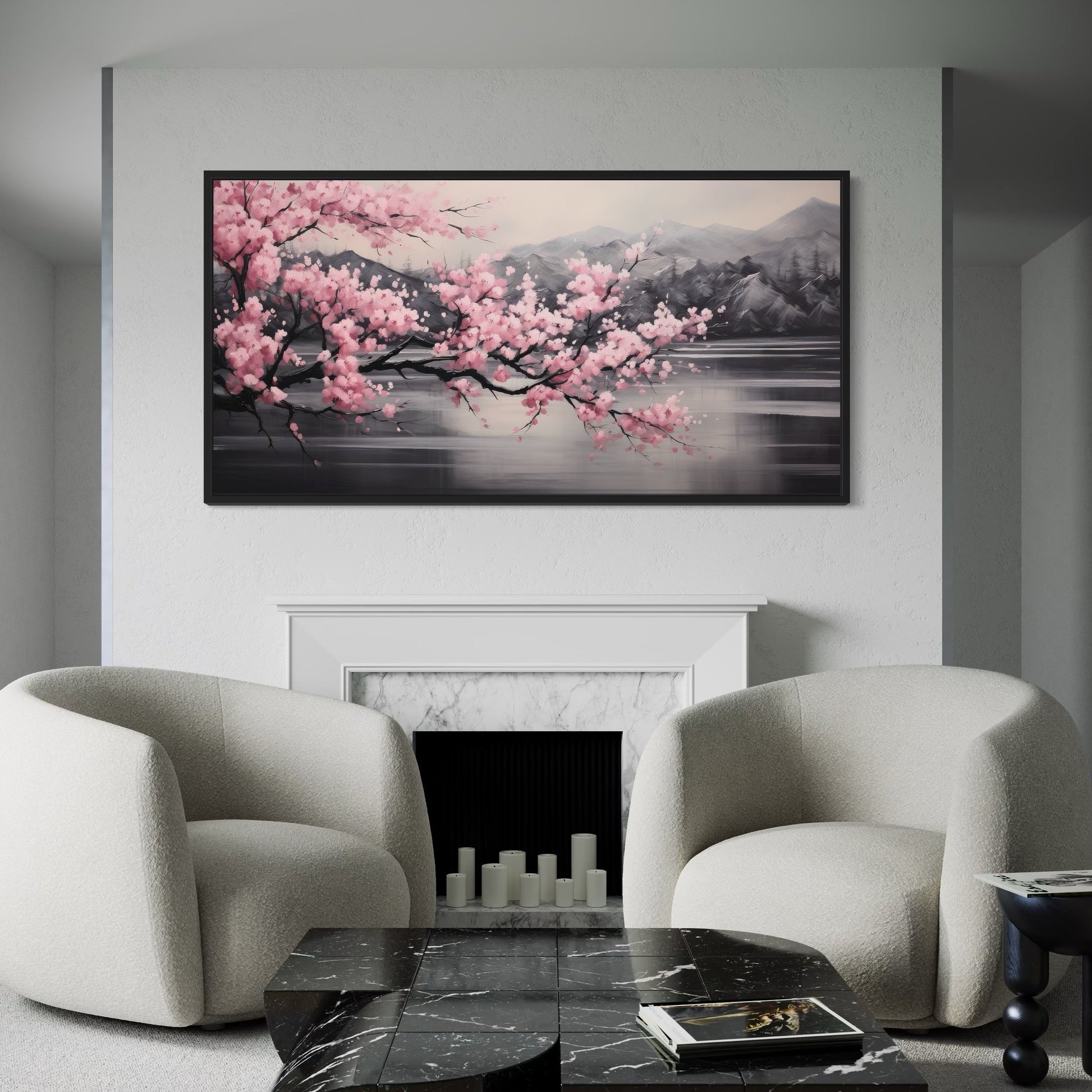 Pink Cherry Blossom on Black Abstract Framed Canvas Wall Art